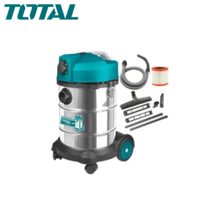 L’aspirateur TOTAL 1400 W offre une performance puissante avec une capacité de 30 L pour le nettoyage humide et sec. Il génère un débit d’air de 1,9 CBM/min et une pression de vide de 16-18 KPa. Équipé d’une prise pour outils électriques, d’un tuyau flexible, d’une brosse à plancher et d’un filtre HEPA, il garantit un nettoyage efficace et polyvalent. Son câble de 1,8 m assure une grande mobilité.